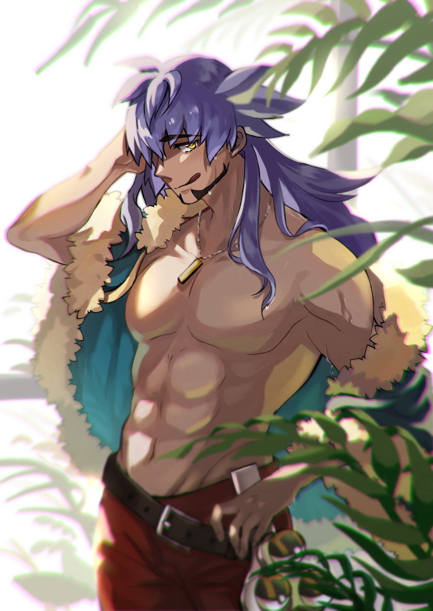 1boy :q abs absurdres bangs belt blurry bright_pupils commentary_request dark-skinned_male dark_skin eyebrows_visible_through_hair facial_hair fur_trim highres jewelry leon_(pokemon) long_hair looking_at_viewer male_focus navel necklace pants pectorals pokemon pokemon_(game) pokemon_swsh purple_hair raised_eyebrows red_pants shirtless smile solo tongue tongue_out white_pupils yellow_eyes yunoru