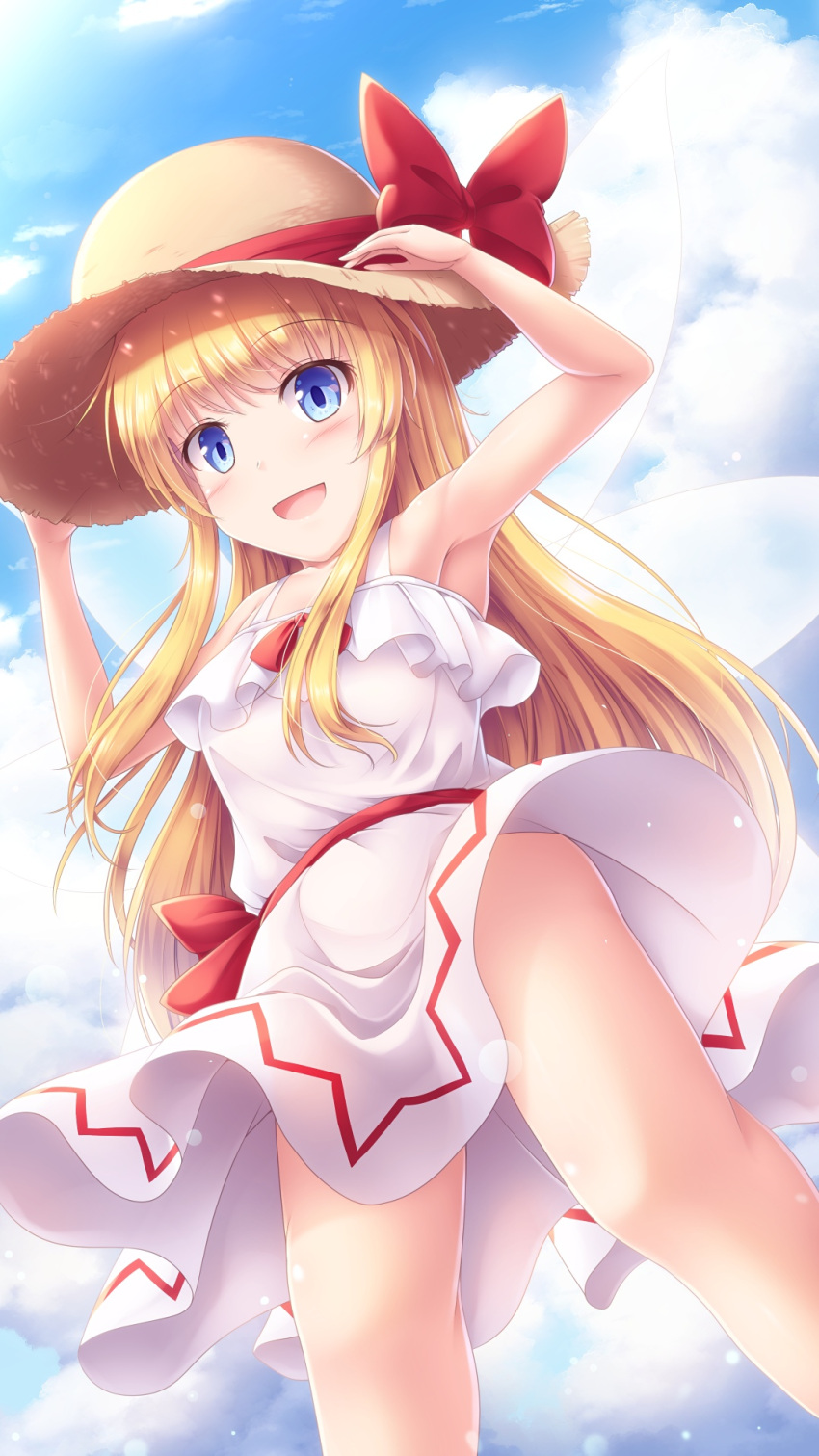 1girl :d armpits arms_up bangs bare_arms blonde_hair blue_eyes blue_sky clouds commentary dress eyebrows_visible_through_hair hands_on_headwear hat hat_ribbon highres lily_white long_hair looking_at_viewer lzh open_mouth red_ribbon ribbon sky sleeveless sleeveless_dress smile solo sun_hat touhou very_long_hair white_dress