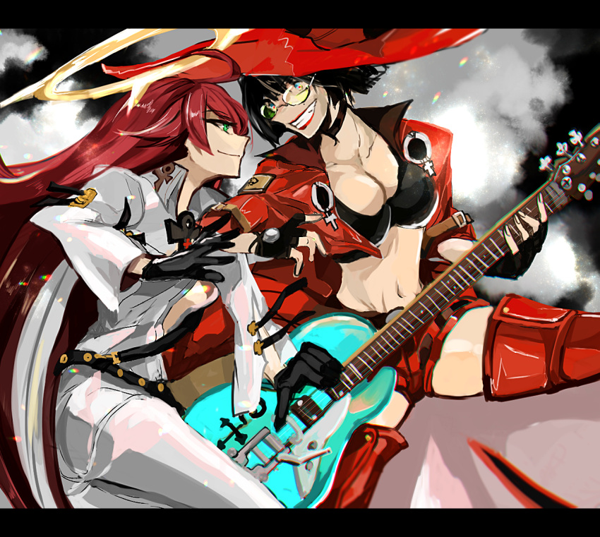 2girls ankh ankh_necklace aria_(guilty_gear) bodysuit boots breasts electric_guitar green_eyes grin guilty_gear guilty_gear_strive guitar halo hat i-no instrument jack-o'_valentine jacket large_breasts looking_at_another multiple_girls red_jacket short_hair smile sunglasses thigh-highs thigh_boots venus_symbol white_bodysuit witch_hat