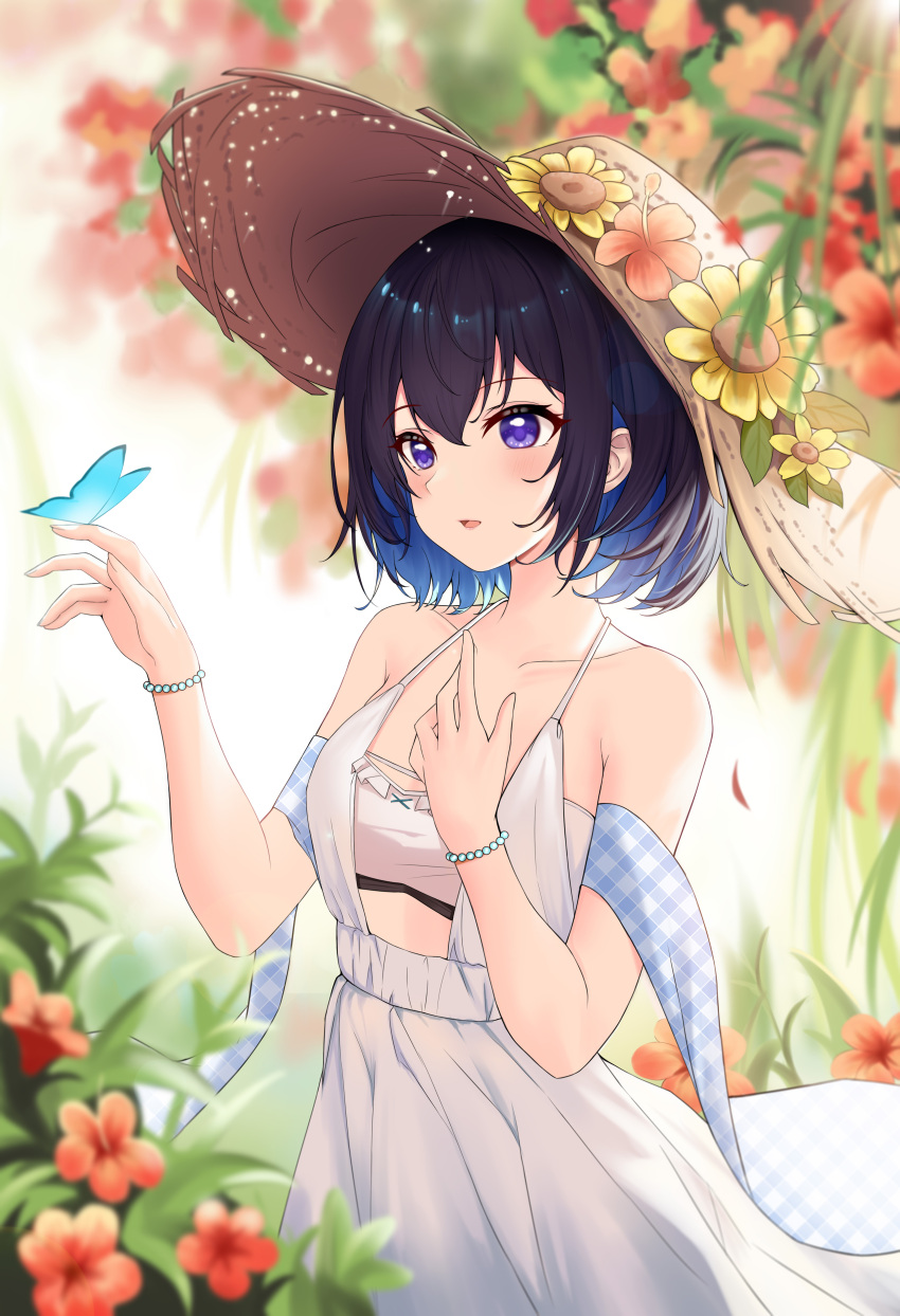 1girl :d absurdres bare_shoulders black_hair blue_hair blush bracelet brown_headwear butterfly_on_finger collarbone colored_inner_hair cowboy_shot day dress duplicate flower hand_on_own_chest hat hat_flower hat_ornament hibiscus highres honkai_(series) honkai_impact_3rd jewelry multicolored_hair open_mouth outdoors pixel-perfect_duplicate plant red_flower seele_vollerei shawl sleeveless sleeveless_dress smile straw_hat sunflower takeawatch two-tone_hair violet_eyes white_dress yellow_flower