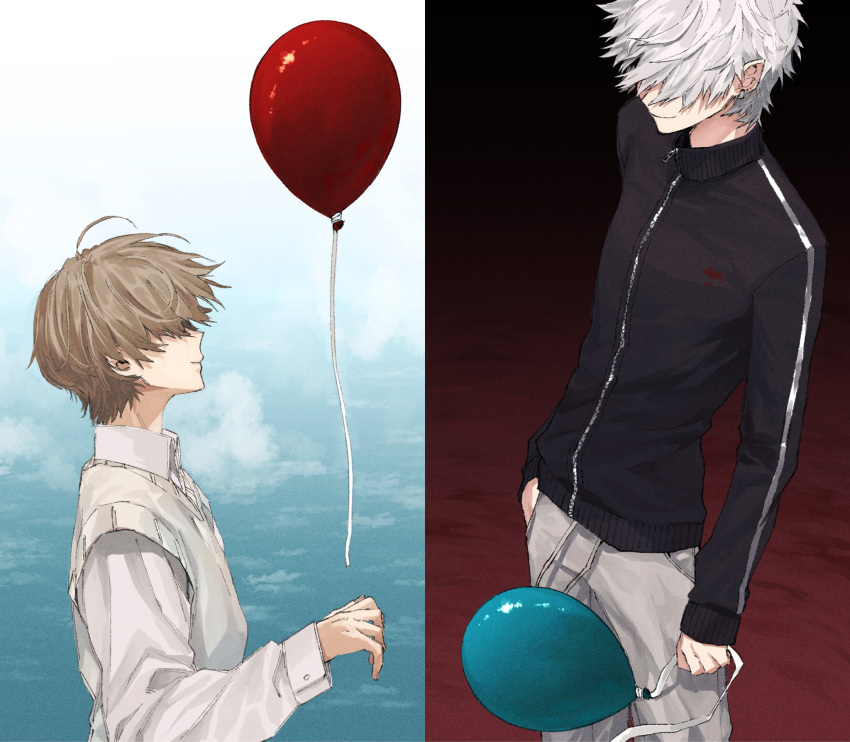 2boys ahoge balloon bangs black_jacket brown_hair closed_mouth ear_piercing hair_over_eyes hand_in_pocket highres holding holding_balloon jacket kanae_(nijisanji) kuzuha_(nijisanji) long_sleeves maki_keigo male_focus monochrome multiple_boys nijisanji official_alternate_costume piercing pointy_ears shorts smile sweater_vest track_jacket virtual_youtuber white_hair