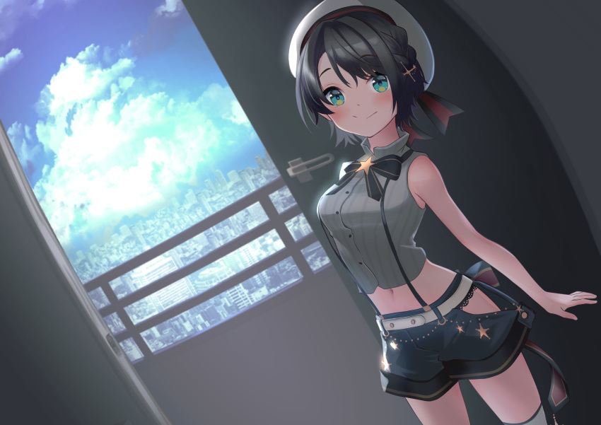 1girl absurdres aqua_eyes arms_at_sides bangs bare_arms bare_shoulders black_hair black_neckwear black_panties blue_shorts blush bow bowtie braid cityscape closed_mouth commentary cropped_shirt dutch_angle french_braid grey_headwear grey_legwear grey_shirt hair_ornament hairclip hat high_collar highres hip_vent hololive lace-trimmed_panties lace_trim looking_at_viewer midriff navel official_alternate_costume oozora_subaru panties panty_peek pinstripe_pattern pinstripe_shirt sailor_hat shirt short_hair shorts sleeveless sleeveless_shirt smile solo star_(symbol) striped suspender_shorts suspenders swept_bangs thigh-highs underwear virtual_youtuber yoruillust
