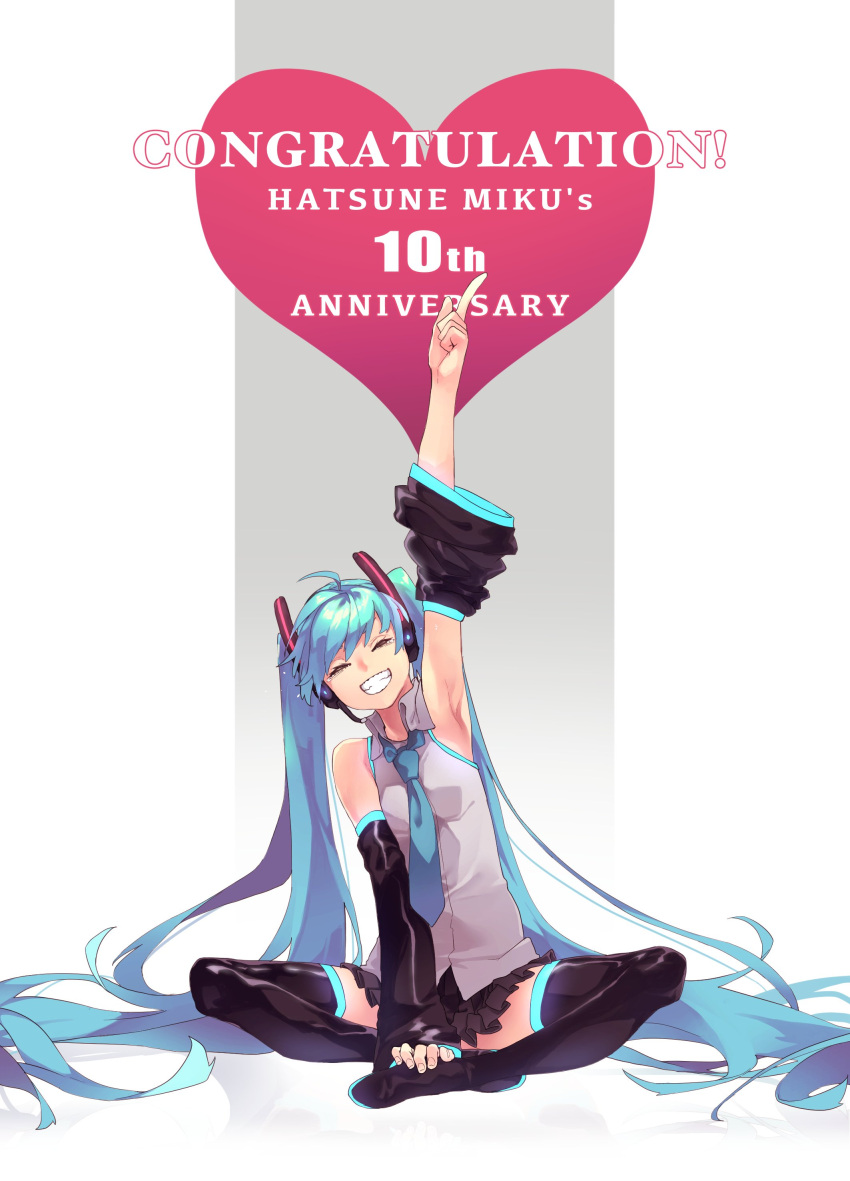 1girl absurdres anniversary armpits black_legwear black_skirt blue_neckwear character_name commentary congratulations detached_sleeves facing_viewer grey_shirt grin hand_up hatsune_miku head_tilt headphones headset highres index_finger_raised indian_style long_hair long_sleeves microphone miniskirt necktie pleated_skirt reiga_(act000) shirt sitting skirt sleeveless sleeveless_shirt smile solo thigh-highs twintails very_long_hair vocaloid