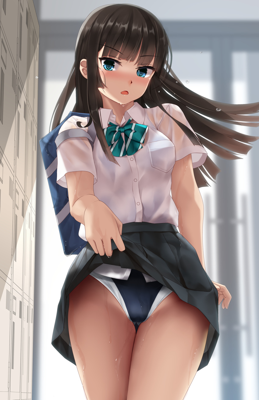 1girl ass_visible_through_thighs bangs black_hair black_skirt black_swimsuit blue_eyes blunt_bangs blurry blurry_background clothes_lift commentary_request cowboy_shot door eto eyebrows_visible_through_hair green_neckwear highres hime_cut indoors lifted_by_self locker long_hair looking_at_viewer open_mouth original pleated_skirt see-through shirt short_sleeves sidelocks skirt skirt_lift solo standing swimsuit swimsuit_under_clothes uniform wet wet_clothes white_shirt white_swimsuit