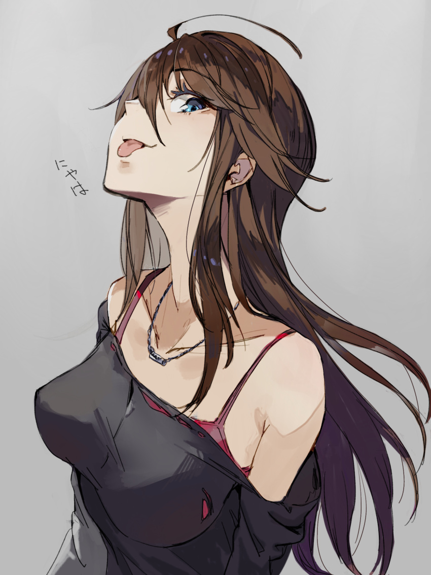 1girl :p ahoge bangs blue_eyes breasts brown_hair grey_background highres idolmaster idolmaster_million_live! jewelry large_breasts long_hair necklace off_shoulder pos profile solo swept_bangs tokoro_megumi tongue tongue_out upper_body