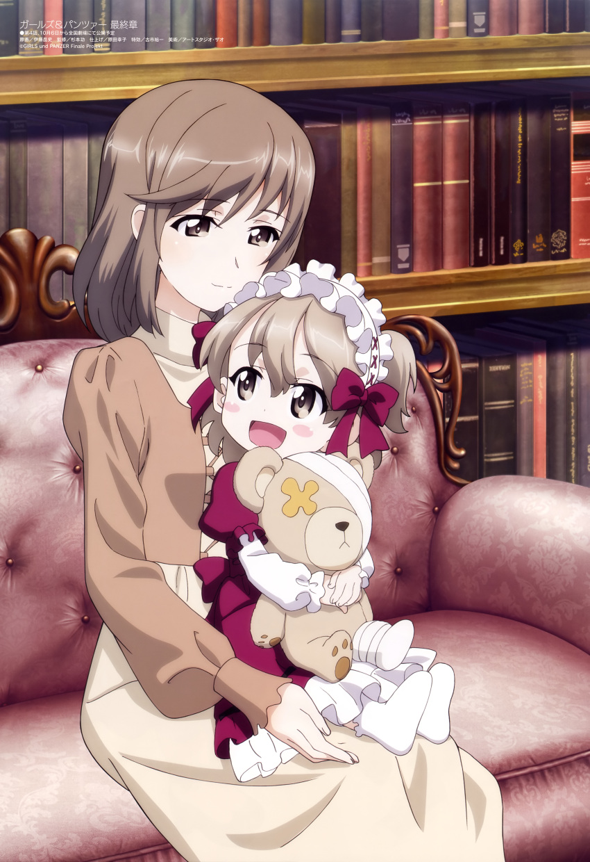 2girls :d absurdres aged_down bandages blush_stickers boko_(girls_und_panzer) book bookshelf brown_dress brown_eyes brown_hair closed_mouth couch dress girls_und_panzer hair_between_eyes hair_ribbon highres holding holding_stuffed_toy hug indoors itou_takeshi lolita_fashion long_hair looking_at_another maid_headdress megami_magazine mother_and_daughter multiple_girls official_art open_mouth red_dress ribbon scan sidelocks smile socks stuffed_animal stuffed_toy teddy_bear white_socks