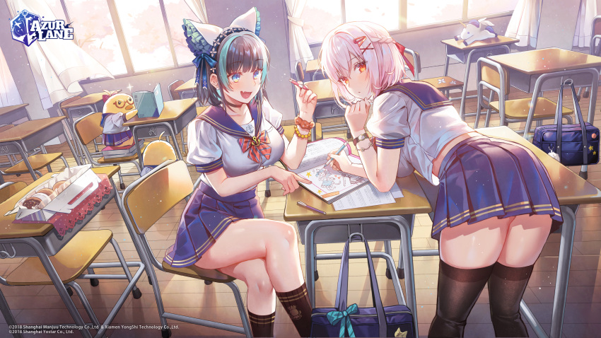 2girls :d alternate_costume animal_ears ass azur_lane bag bent_over bird black_choker black_hair black_legwear blue_eyes blue_skirt bow bowtie braid breasts cat_ears chair cheshire_(azur_lane) chick choker classroom crop_top crossed_legs desk doughnut fake_animal_ears fang food hair_ornament hairclip headdress highres indoors kneehighs large_breasts lino_chang looking_at_viewer manjuu_(azur_lane) midriff miniskirt multicolored_hair multiple_girls notebook official_art open_mouth pleated_skirt red_eyes sailor_collar school_bag school_chair school_desk school_uniform serafuku shirt short_hair short_sleeves sirius_(azur_lane) sitting skirt smile standing streaked_hair stuffed_winged_unicorn thigh-highs white_hair white_shirt x_hair_ornament zettai_ryouiki