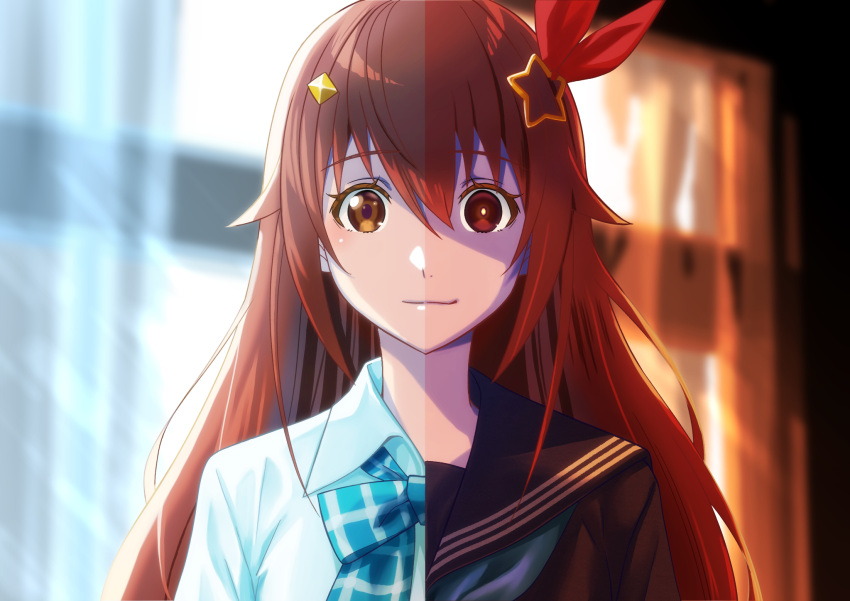 1girl alternate_costume brown_eyes brown_hair closed_mouth commentary diamond_hair_ornament empty_eyes evil_smile hair_flaps hair_ornament hair_ribbon hairclip highres hololive hololive_error long_hair looking_at_viewer polar_opposites red_ribbon ribbon school_uniform smile solo star_(symbol) star_hair_ornament symmetry tokino_sora upper_body virtual_youtuber yandere zabuneko