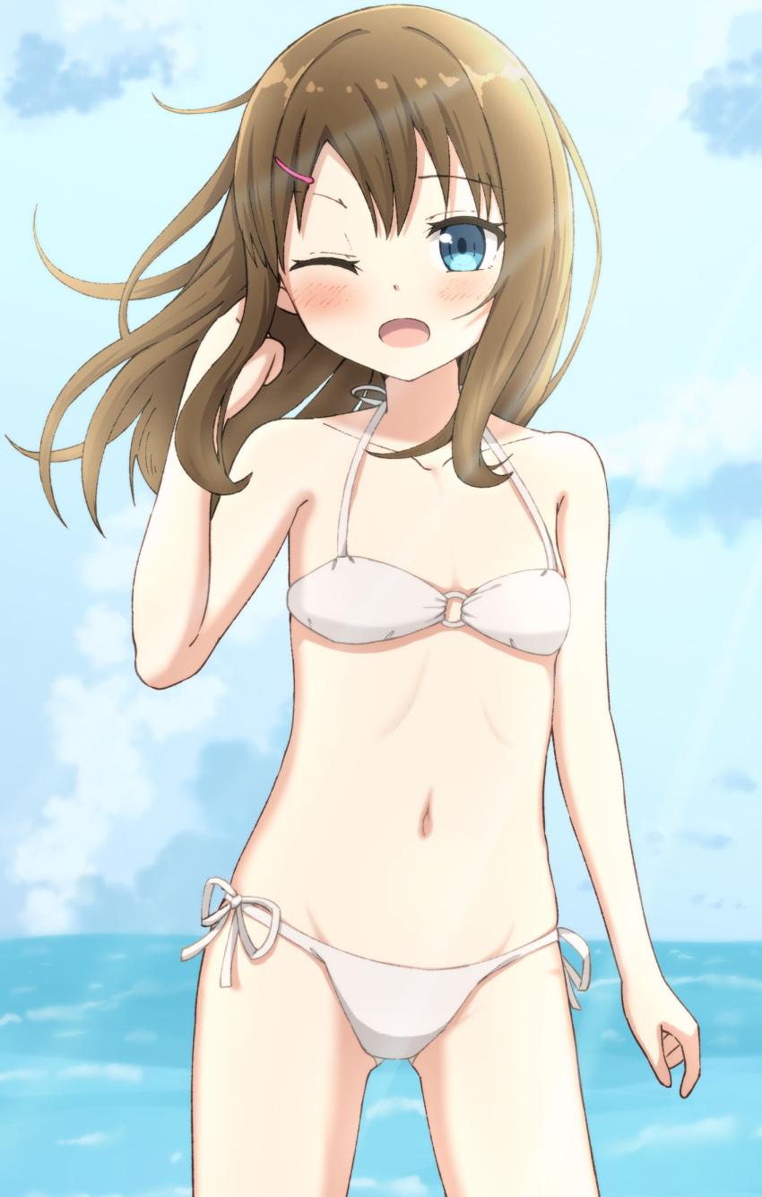 1girl bare_arms bare_shoulders bikini blue_eyes blue_sky blush breasts brown_hair clouds collarbone commentary_request day floating_hair hair_ornament hairclip highres hippo_(hirople) horizon long_hair looking_at_viewer navel o-ring o-ring_bikini o-ring_top ocean one_eye_closed open_mouth original outdoors side-tie_bikini sky small_breasts solo swimsuit water white_bikini