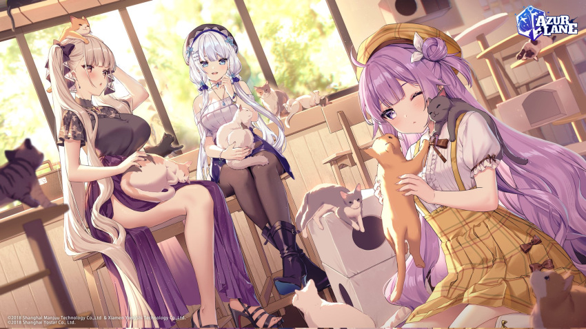 3girls alternate_costume animal azur_lane bare_shoulders beret black_cat black_shirt blue_eyes blue_skirt boots bow breasts brown_headwear brown_legwear brown_skirt cat choker closed_mouth day dutch_angle formidable_(azur_lane) hair_bow hand_up hat high_heels highres illustrious_(azur_lane) indoors jewelry large_breasts long_hair long_skirt low_twintails miniskirt multiple_girls necklace off-shoulder_shirt off_shoulder official_art one_eye_closed pantyhose plaid plaid_skirt purple_hair purple_skirt ribbed_shirt rosuuri shirt short_sleeves side_slit silver_hair sitting skirt thighs twintails unicorn_(azur_lane) very_long_hair violet_eyes white_hair white_shirt
