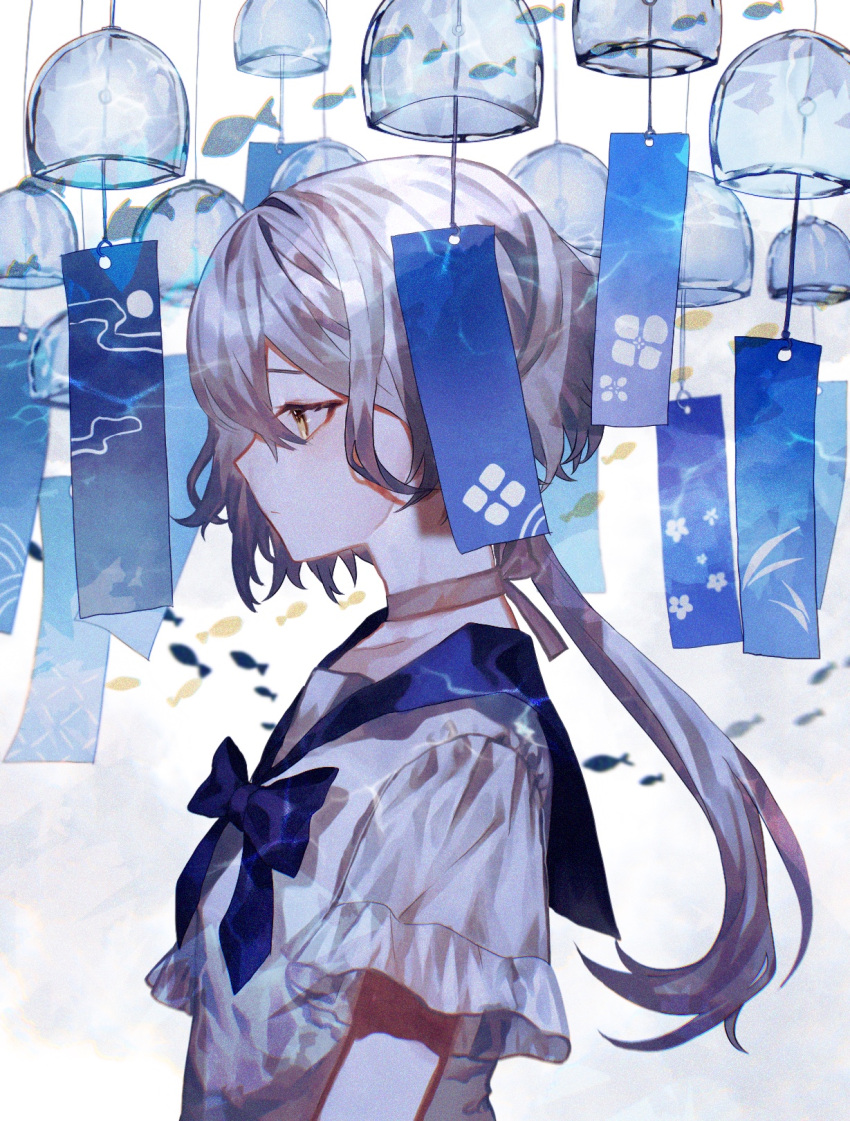 1girl blue_bow blue_neckwear blue_sailor_collar bow caustics choker closed_mouth commentary_request fish from_side grey_choker grey_hair highres iwai_ku_tsuki looking_to_the_side multiple_sources original profile ribbon_choker sailor_collar school_uniform serafuku shirt short_hair_with_long_locks short_sleeves simple_background solo upper_body white_background white_serafuku white_shirt wind_chime yellow_eyes