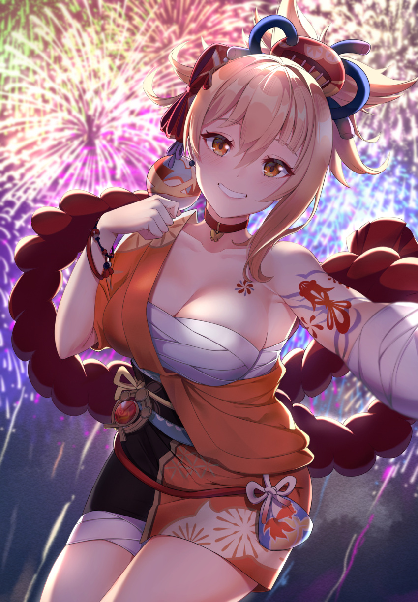 1girl bandages bangs blonde_hair bracelet choker cowboy_shot eyebrows_visible_through_hair fireworks genshin_impact hair_between_eyes hair_ornament highres japanese_clothes jewelry kimono klee08 looking_at_viewer obi orange_eyes orange_kimono pouch rope_belt sarashi sash selfie smile solo teeth yoimiya_(genshin_impact) yukata