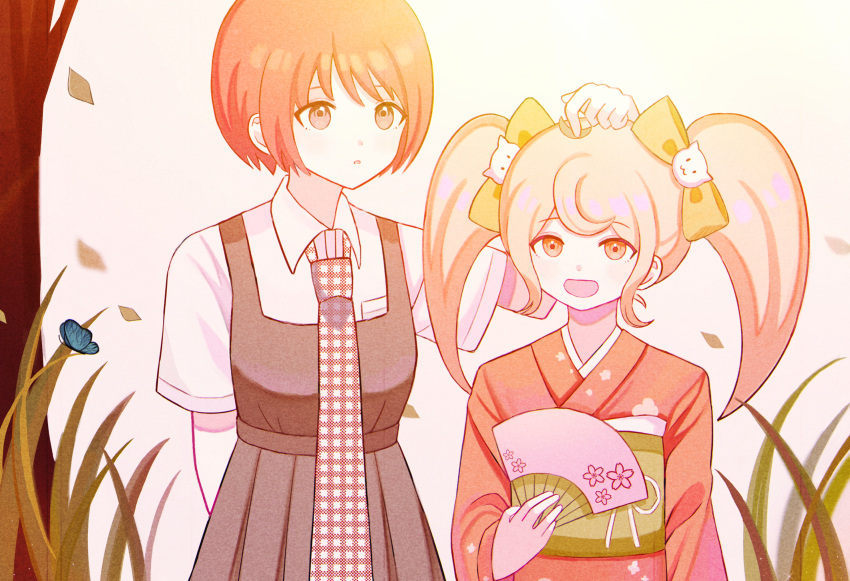 2girls bangs blonde_hair bow brown_dress brown_hair bug butterfly cat_hair_ornament commentary_request dangan_ronpa_(series) dangan_ronpa_2:_goodbye_despair dress freckles furisode grass hair_bow hair_ornament hand_fan hand_on_another's_head highres holding holding_fan insect japanese_clothes kimono koizumi_mahiru long_hair multiple_girls necktie nk_(dzzx8334) obi open_mouth orange_bow orange_kimono petals plaid_neckwear saionji_hiyoko sash shiny shiny_hair shirt short_hair short_sleeves simple_background smile tree twintails white_shirt