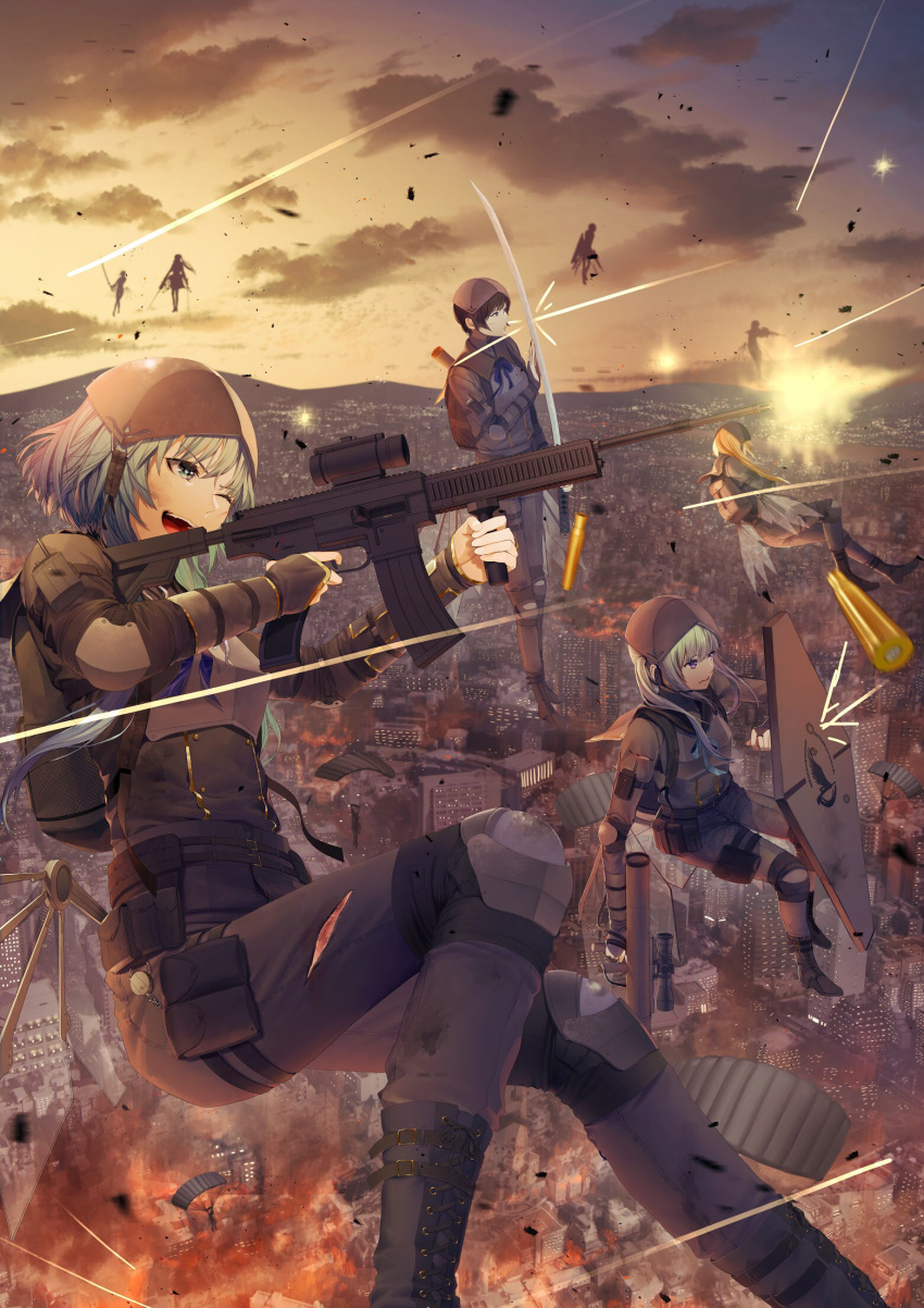 1boy 6+girls assault_rifle bodysuit city clouds dusk fire floating flying gun hamlet highres holding holding_gun holding_shield holding_sword holding_weapon incoming_attack military military_uniform multiple_girls original rifle science_fiction shi_niao shield sky sword uniform war weapon
