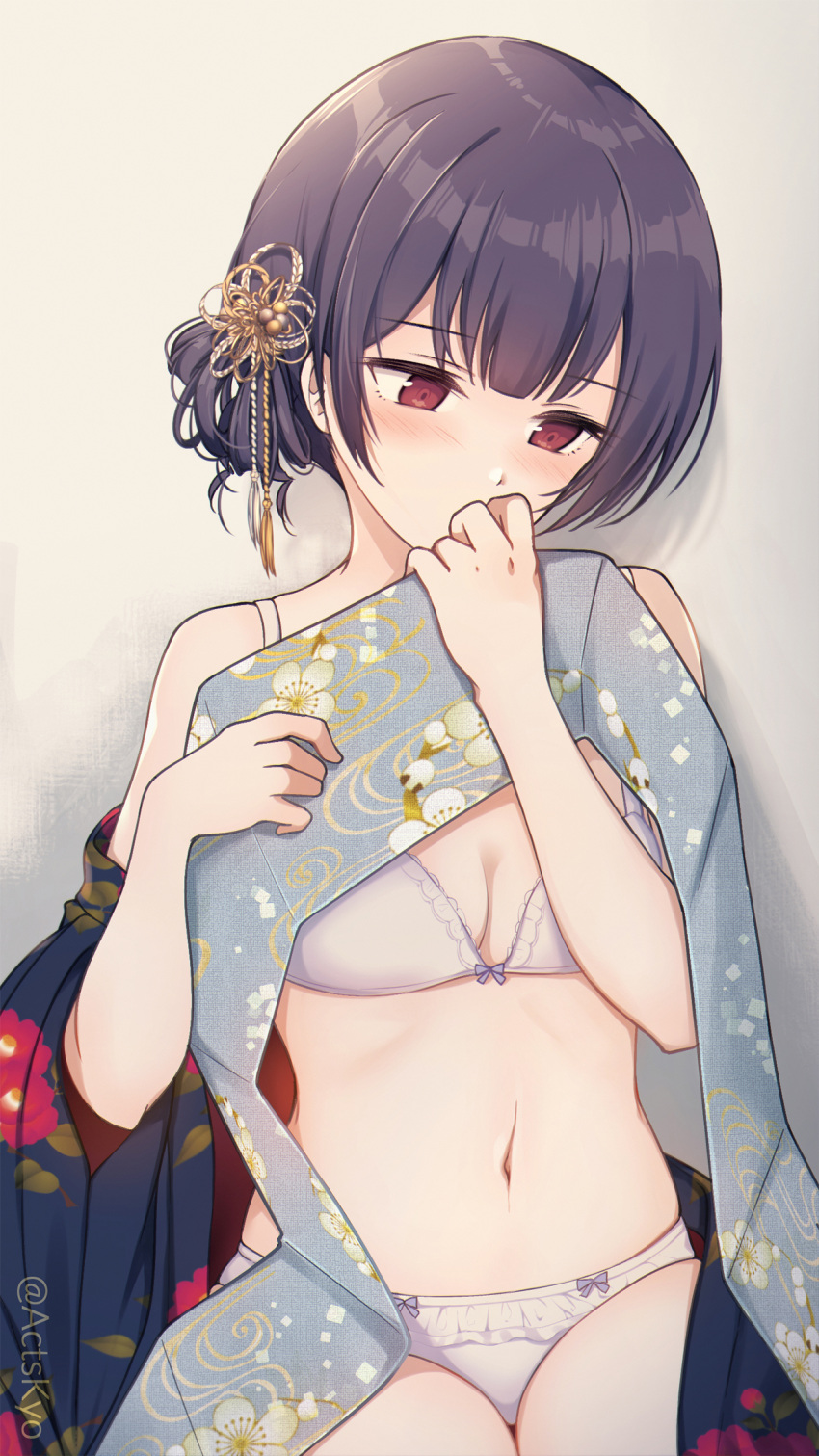 1girl blue_hair blue_kimono blush bow bow_bra bow_panties bra breasts commentary_request flower foley_anden hair_flower hair_ornament highres idolmaster idolmaster_shiny_colors japanese_clothes kimono looking_down morino_rinze navel obi panties red_eyes sash short_hair small_breasts solo underwear undressing white_bra white_panties