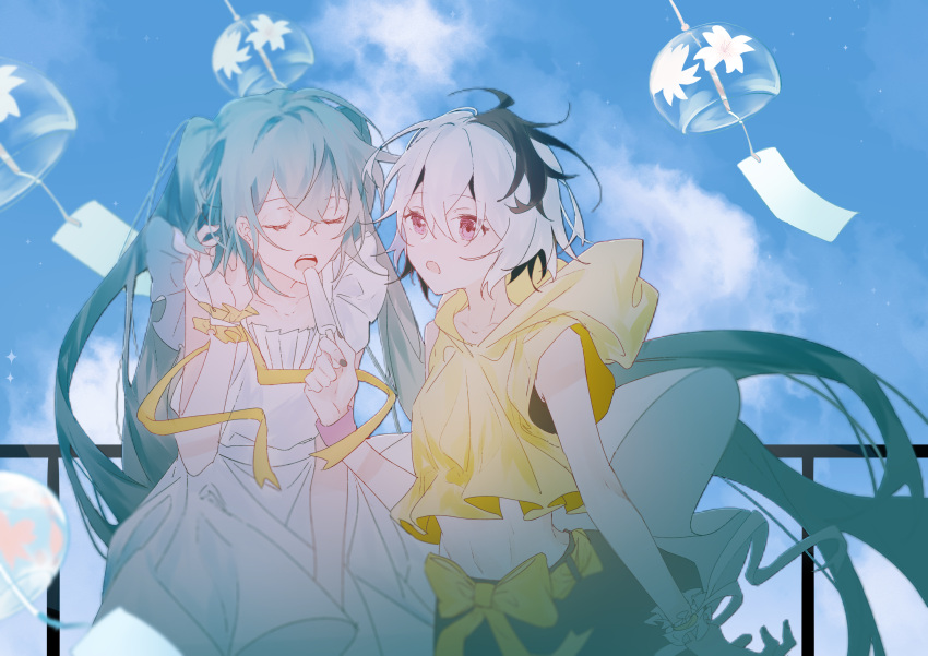 2girls absurdres adjusting_hair aqua_hair between_legs black_skirt blue_sky bow bowtie chinese_commentary closed_eyes clouds collarbone commentary dress eating feeding floral_print flower_(vocaloid) food hair_tucking hand_between_legs hatsune_miku highres holding holding_food hood hoodie key_asan leaning_forward long_hair midriff multicolored_hair multiple_girls open_mouth outdoors popsicle purple_hair purple_nails scrunchie skirt sky standing star_(sky) streaked_hair tanabata twintails two-tone_hair v_flower_(vocaloid4) very_long_hair violet_eyes vocaloid white_dress white_hair wind_chime wrist_scrunchie wristband yellow_bow yellow_hoodie