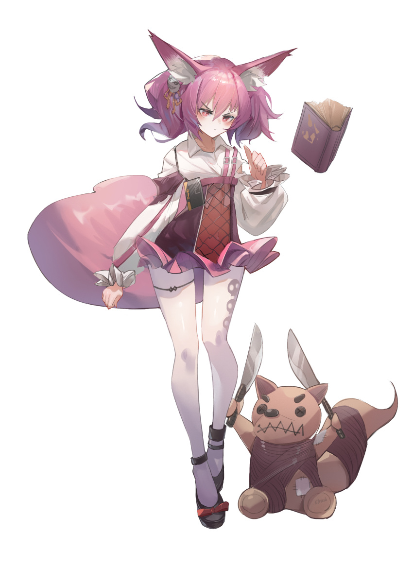 1girl absurdres animal_ear_fluff animal_ears anklet arknights black_footwear book closed_mouth collared_shirt commentary dress fox_ears fox_tail full_body glaring hair_ornament hand_up heart heart-shaped_pupils high-waist_skirt highres jewelry knife long_sleeves navel pantyhose pink_eyes pink_hair pink_skirt see-through_skirt shamare_(arknights) shirt short_hair simple_background skirt solo strash stuffed_animal stuffed_toy symbol-shaped_pupils tail thigh_strap white_background white_legwear white_shirt