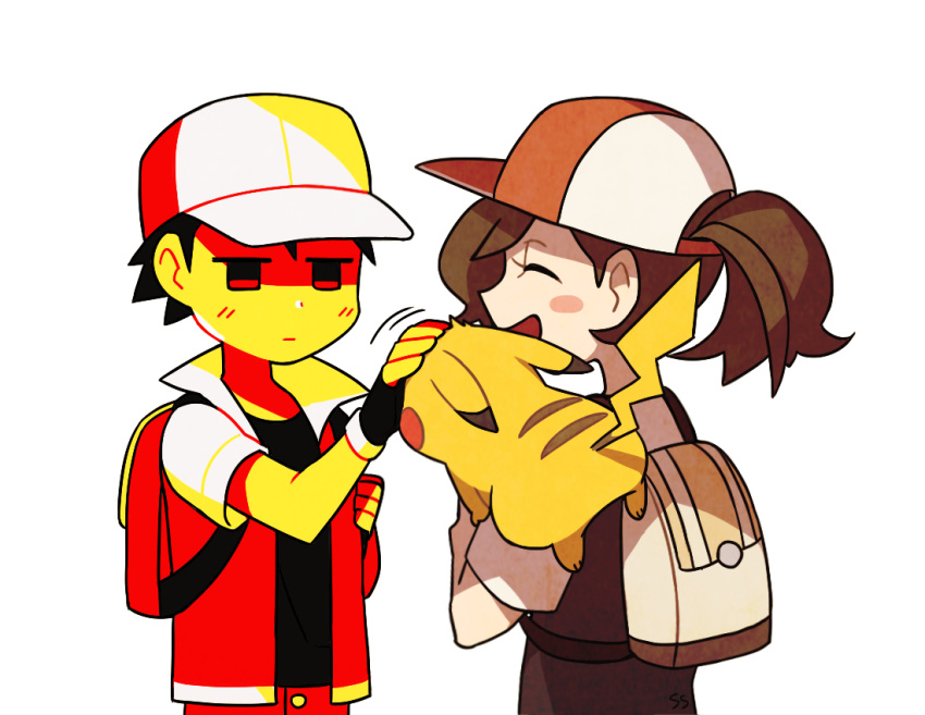 1boy 1girl backpack bag baseball_cap black_gloves black_hair blush blush_stickers buttons closed_eyes closed_mouth commentary elaine_(pokemon) eyelashes fingerless_gloves gen_1_pokemon gloves hat headpat high_ponytail jacket open_clothes open_jacket open_mouth pants petting pikachu pokemon pokemon_(creature) pokemon_(game) pokemon_lgpe pokemon_rgby red_(pokemon) red_bag red_jacket red_pants short_hair short_sleeves smile ssalbulre