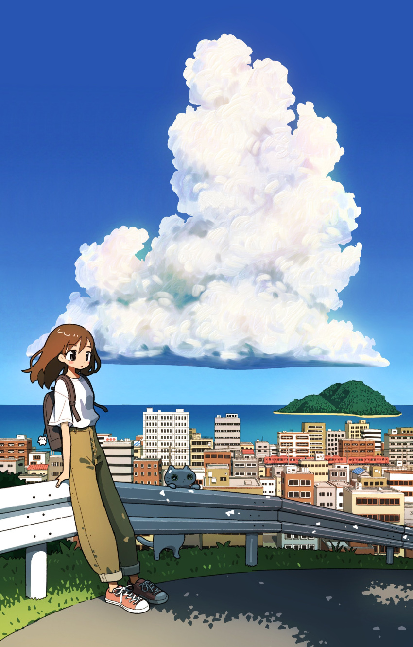 1girl 1other absurdres bag black_eyes brown_hair brown_pants cat cityscape clouds cloudy_sky cumulonimbus_cloud highres island keychain long_hair long_pants original outdoors pants pants_rolled_up shirt shoes short_sleeves sky tao_(tao15102) white_cat white_shirt