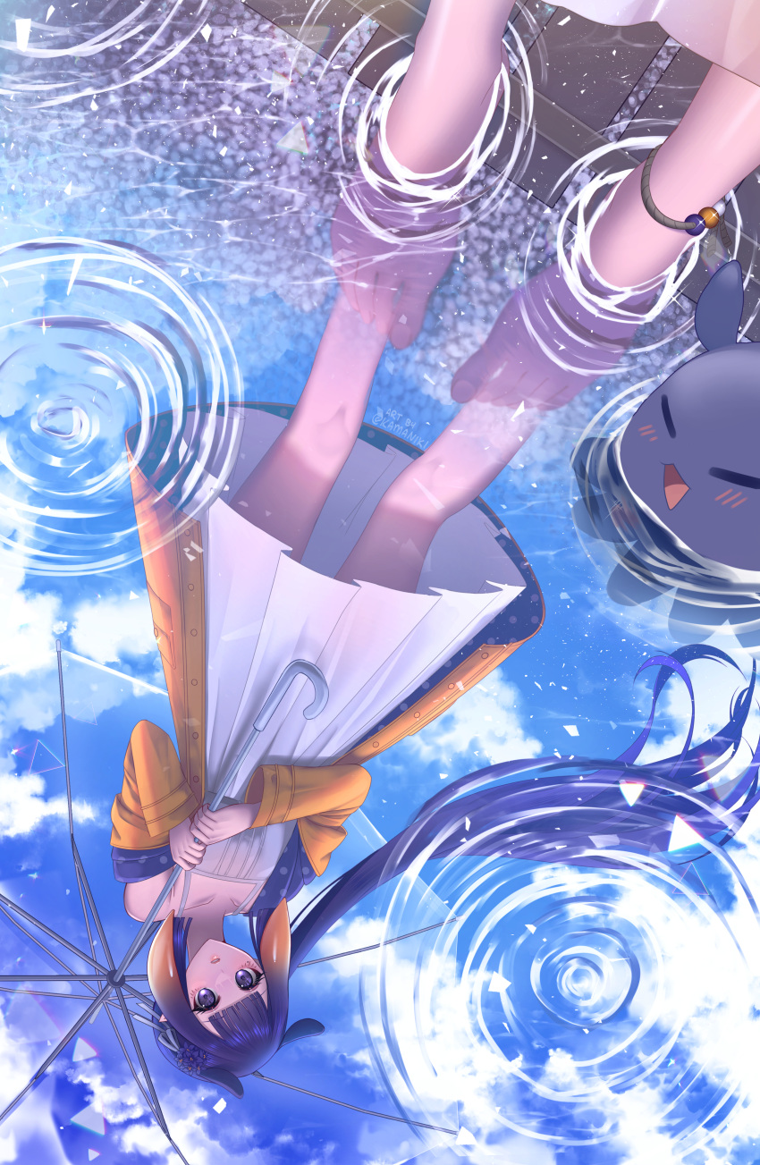 1girl absurdres anklet bangs bare_legs barefoot dress feet from_below highres holding holding_umbrella hololive hololive_english huge_filesize jewelry kamaniki long_hair ninomae_ina'nis pointy_ears purple_hair reflection ripples soaking_feet solo tako_(ninomae_ina'nis) tentacle_hair transparent transparent_umbrella umbrella virtual_youtuber water white_dress