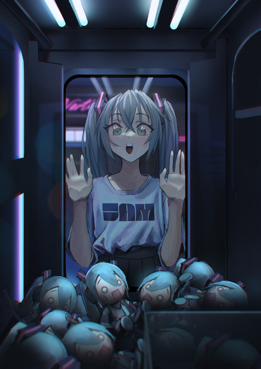 1girl against_glass against_window bangs black_skirt blue_eyes blue_hair blush blush_stickers ceiling_light character_doll clothes_writing collarbone commentary_request crane_game crossed_bangs english_commentary eyebrows_visible_through_hair flat_chest hachune_miku hair_between_eyes hand_on_glass hands_on_window hands_up hatsune_miku high-waist_skirt highres long_hair mixed-language_commentary o_o open_mouth pleated_skirt print_shirt shirt shirt_tucked_in skirt smile solid_circle_eyes solo square_mouth straight-on stuffed_toy twintails upper_teeth vertigris vocaloid white_shirt wide-eyed