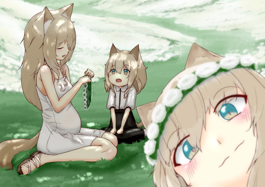 3girls absurdres animal_ears arknights bare_shoulders big_belly black_skirt blonde_hair blue_eyes blurry blush child close-up closed_eyes dog_ears dog_tail dress flower grass head_wreath highres holding holding_flower kuruzusu long_hair looking_at_another looking_at_viewer mother_and_daughter motherly multiple_girls on_ground podenco_(arknights) pregnant sandals shirt sitting skirt sundress tail white_dress white_shirt