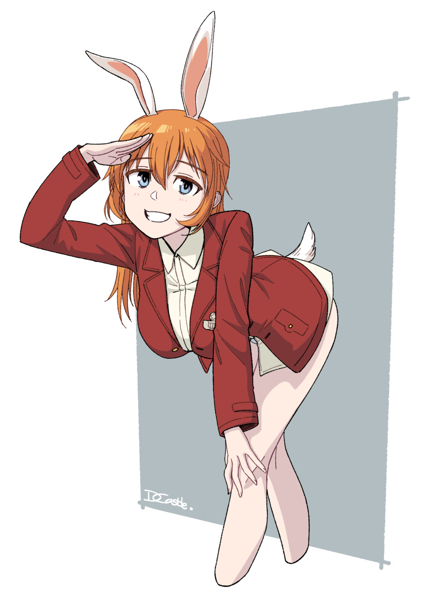 absurdres animal_ears bent_over blue_eyes charlotte_e._yeager dragoncastle eyebrows_visible_through_hair grey_background highres jacket looking_at_viewer orange_hair rabbit_ears rabbit_girl rabbit_tail red_jacket salute shirt strike_witches tail white_background white_shirt world_witches_series