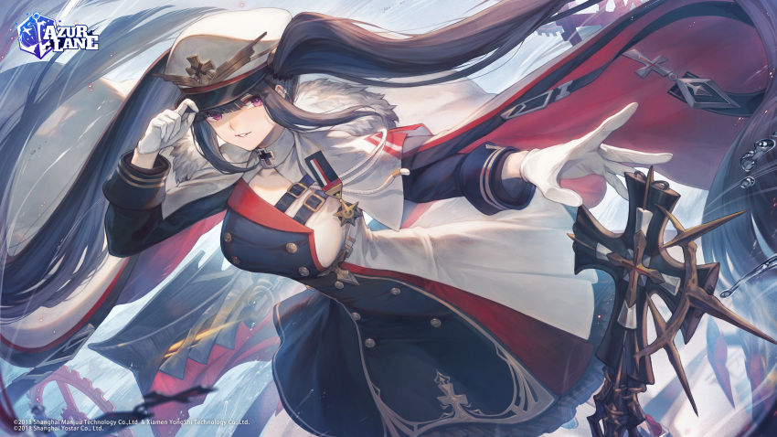 1girl azur_lane bangs black_hair breasts buttons cape commentary copyright_name dress fur_trim gloves hat highres large_breasts logo long_hair long_sleeves looking_at_viewer mashuu_(neko_no_oyashiro) military military_uniform official_art parted_lips peaked_cap peter_strasser_(azur_lane) sidelocks simple_background solo twintails uniform violet_eyes water water_drop white_gloves