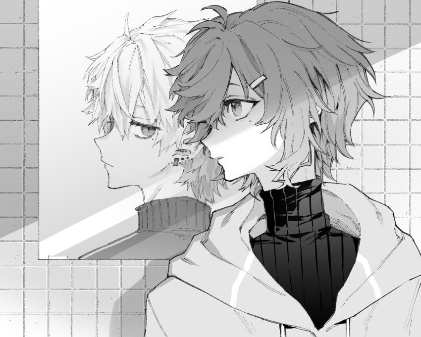 2boys bangs closed_mouth different_reflection ear_piercing greyscale hair_ornament hairclip highres jacket jewelry kanae_(nijisanji) kuzuha_(nijisanji) maki_keigo male_focus mole mole_under_eye monochrome multiple_boys nijisanji parted_lips piercing profile reflection sweater tile_wall tiles turtleneck turtleneck_sweater upper_body virtual_youtuber