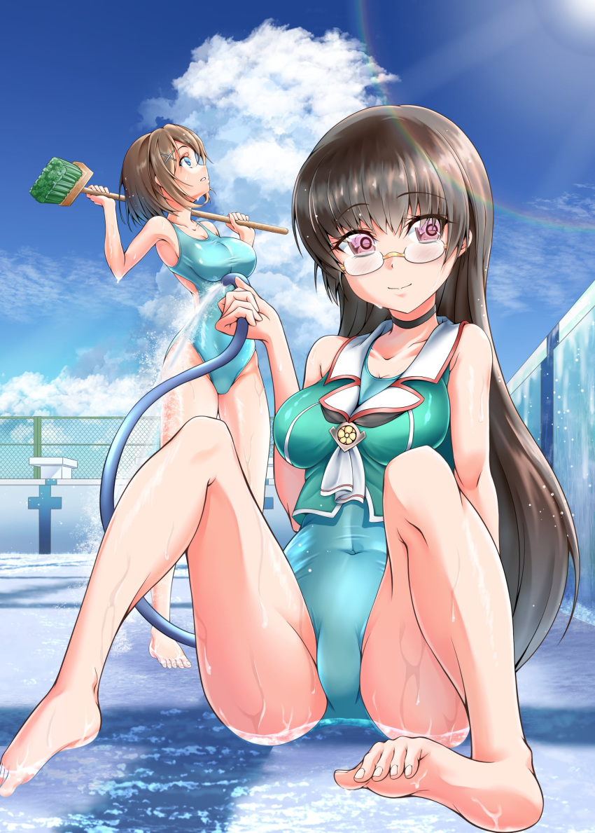2girls absurdres aqua_swimsuit ascot barefoot beret black_hair blue_eyes blue_sky brown_hair choukai_(kancolle) cleaning_brush clouds commentary_request competition_swimsuit day empty_pool full_body glasses hat highres hose kantai_collection long_hair looking_at_viewer maya_(kancolle) multiple_girls one-piece_swimsuit oohasikennta2002 outdoors rimless_eyewear short_hair sky solo_focus swimsuit violet_eyes water white_neckwear