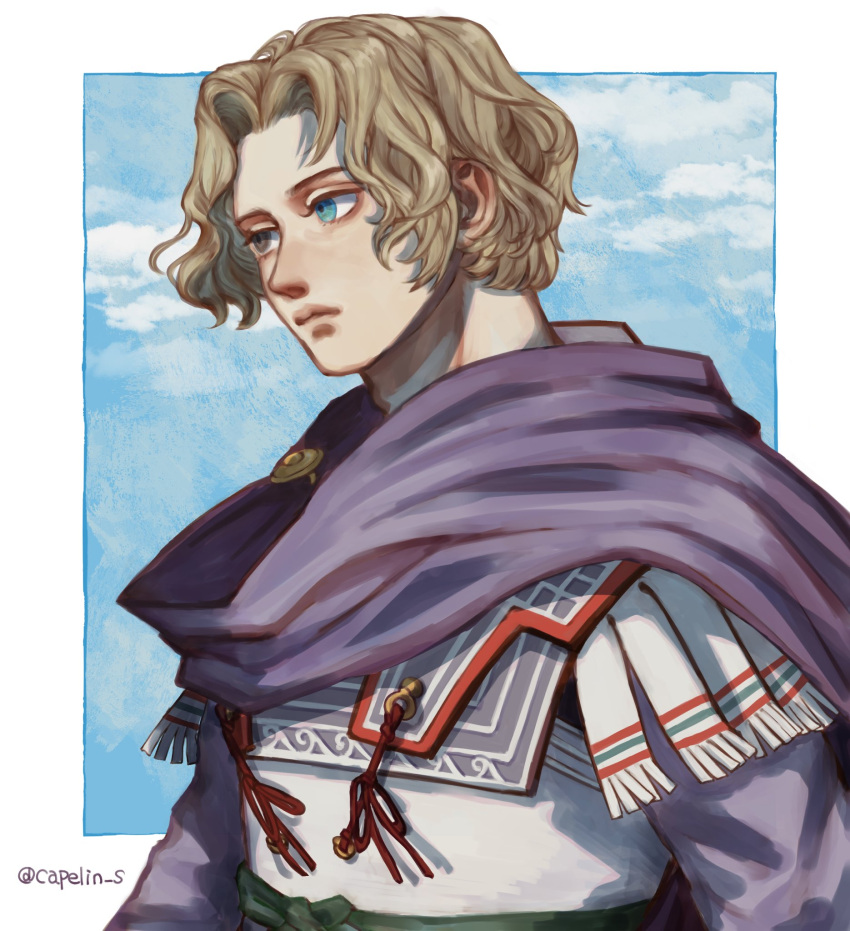 1boy alexander_the_great artist_name bangs blonde_hair blue_eyes blue_sky brooch brown_eyes cape capelin_s clouds day expressionless fringe_trim heterochromia highres jewelry male_focus parted_bangs purple_cape real_life redrawn short_hair sideways_glance sky solo twitter_username upper_body