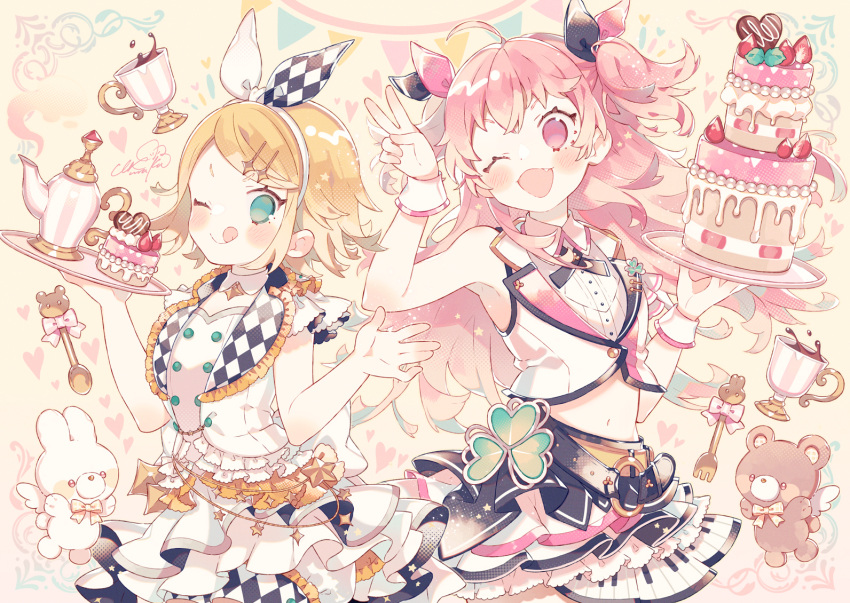 2girls ;d ;p ahoge argyle bear black_bow blonde_hair blue_eyes bow bowtie cake candy chocolate chocolate_heart cup food fork fruit hair_bow hair_ornament hairclip hand_up heart holding holding_tray kagamine_rin licking_lips long_hair momoi_airi multiple_girls navel o-ring one_eye_closed open_mouth piano_print pink_background pink_bow pink_eyes pink_hair project_sekai rabbit short_hair skirt smile spoon standing strawberry teacup tongue tongue_out tray two_side_up v vest wakanagi_eku white_bow wrist_cuffs