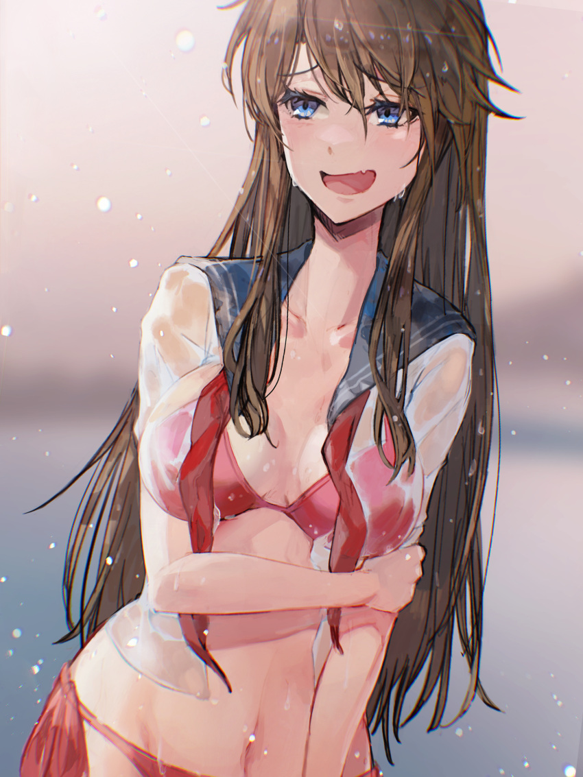 1girl bikini blue_eyes blush breasts brown_hair commentary_request highres idolmaster idolmaster_million_live! large_breasts long_hair looking_away messy_hair navel open_clothes open_mouth pos red_bikini school_uniform see-through serafuku solo swimsuit swimsuit_under_clothes tokoro_megumi wet wet_clothes wet_hair