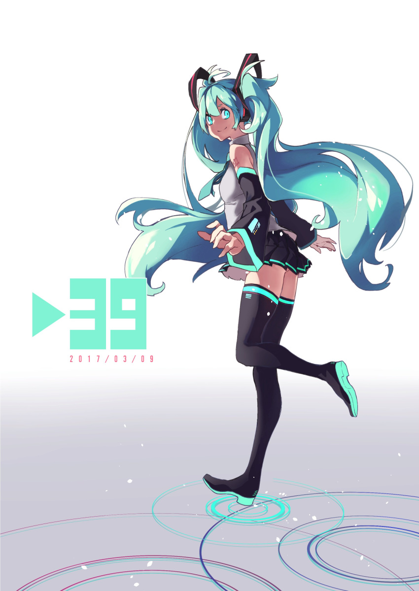 1girl absurdres black_legwear black_skirt blue_eyes blue_hair blue_neckwear boots closed_mouth dated detached_sleeves full_body grey_shirt hatsune_miku headphones highres long_hair long_sleeves looking_at_viewer miniskirt necktie pleated_skirt reiga_(act000) shirt skirt smile solo standing standing_on_one_leg thigh-highs thigh_boots twintails very_long_hair vocaloid white_background