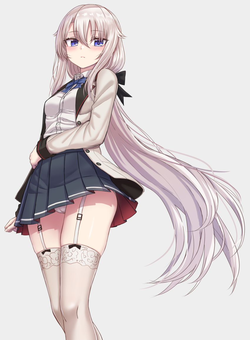 1girl 9a-91_(girls_frontline) absurdres blue_eyes blue_neckwear blush bow bowtie closed_mouth eyebrows_visible_through_hair garter_straps girls_frontline grey_background highres jacket long_hair long_sleeves looking_at_viewer panties pleated_skirt school_uniform shirt silver_hair skirt solo thigh-highs underwear very_long_hair white_panties white_shirt yakob_labo
