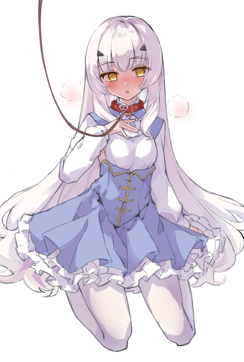 1girl :o absurdres blue_skirt blush breasts collar fairy_knight_lancelot_(fate) fate/grand_order fate_(series) frilled_skirt frills full_body hair_ornament hairclip hand_up heart heavy_breathing highres leash long_hair long_sleeves mola_mola pantyhose parted_lips pleated_skirt red_collar shirt simple_background skirt small_breasts solo very_long_hair white_background white_hair white_legwear white_shirt yellow_eyes
