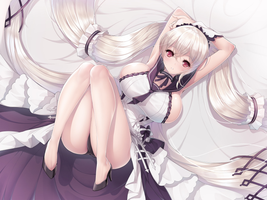 1girl absurdres alternate_costume armpits arms_behind_head azur_lane bed_sheet black_choker black_panties black_sailor_collar bow bow_dress breasts choker clothes_lift dress enmaided eyebrows_visible_through_hair formidable_(azur_lane) formidable_(timeless_classics)_(azur_lane) frilled_dress frills gothic_lolita high_heels highres knees_up koflif large_breasts lolita_fashion long_hair lying maid maid_headdress on_back open_mouth panties red_eyes sailor_collar skirt skirt_lift sleeveless sleeveless_dress solo taut_clothes taut_dress twintails underwear very_long_hair white_hair