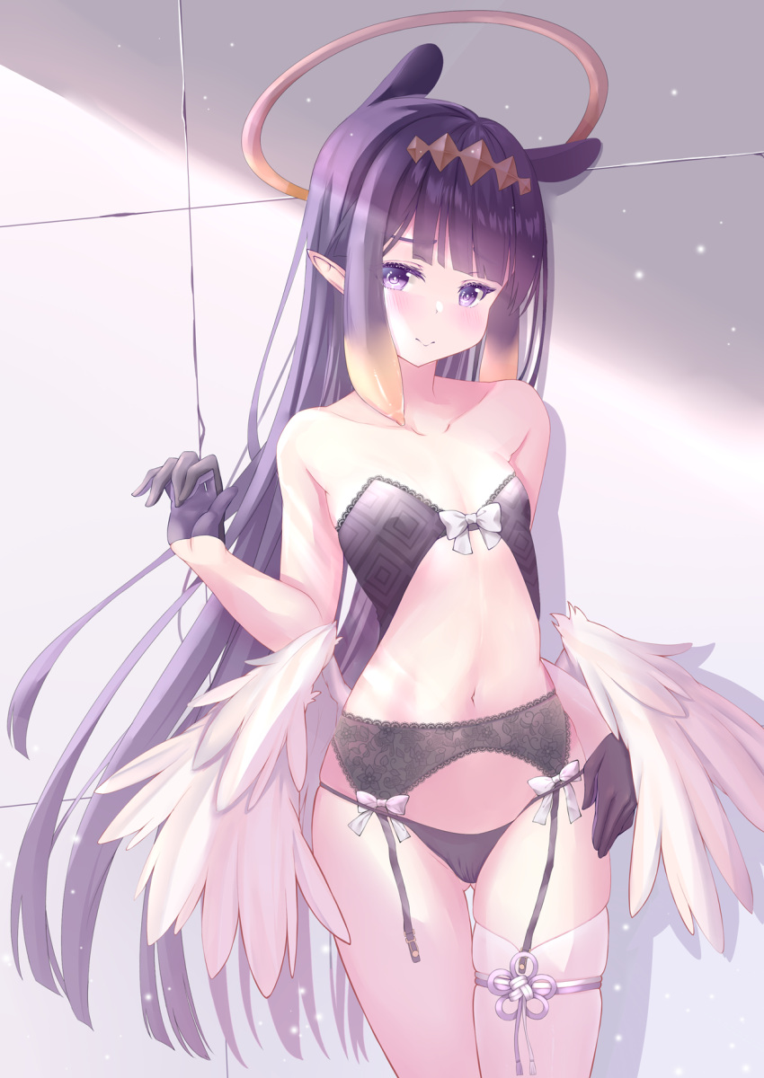 1girl bangs bare_shoulders breasts collarbone commentary eyebrows_visible_through_hair garter_belt gloves halo haruki_3679 highres hololive hololive_english long_hair looking_at_viewer navel ninomae_ina'nis panties pointy_ears purple_hair single_thighhigh small_breasts smile solo thigh-highs underwear underwear_only violet_eyes virtual_youtuber white_legwear wings