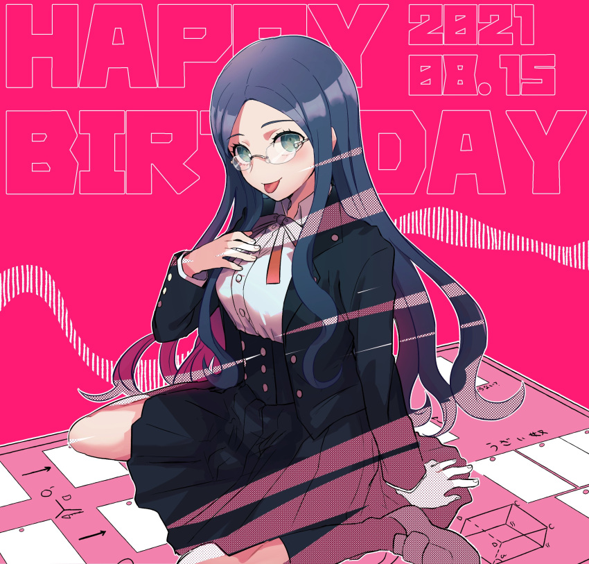 1girl a_tama_(pakpak_tkg) absurdres arm_support arrow_(symbol) bangs black_skirt buttons commentary_request dangan_ronpa_(series) dangan_ronpa_v3:_killing_harmony dated double-breasted dress_shirt full_body glasses hand_on_own_chest hand_up happy_birthday highres jacket kneehighs long_hair long_sleeves looking_at_viewer neck_ribbon orange_ribbon parted_bangs pink_background pleated_skirt ribbon school_uniform shiny shiny_hair shirogane_tsumugi shirt shoes sitting skirt smile solo tongue tongue_out wariza white_shirt