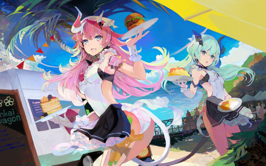 2girls :d :o absurdres aka26540655 apron ass bangs blue_eyes blue_hair blue_sky breasts burger clouds cloudy_sky diner food hair_between_eyes hair_ornament highres holding holding_plate honkai_(series) honkai_impact_3rd horns liliya_olenyeva long_hair long_sleeves looking_afar multiple_girls ocean omelet open_mouth outdoors palm_tree pancake pink_hair plate rozaliya_olenyeva siblings signpost single_horn sky small_breasts smile tail tree twins waitress water_gun