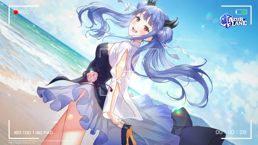 1girl azur_lane beach blue_eyes breasts china_dress chinese_clothes double_bun dress dutch_angle flower from_behind haru_(hiyori-kohal) heterochromia highres horns ibuki_(arrival_of_spring)_(azur_lane) ibuki_(azur_lane) long_hair looking_at_viewer looking_back medium_breasts official_alternate_costume pink_flower purple_hair recording red_eyes skirt solo water white_skirt