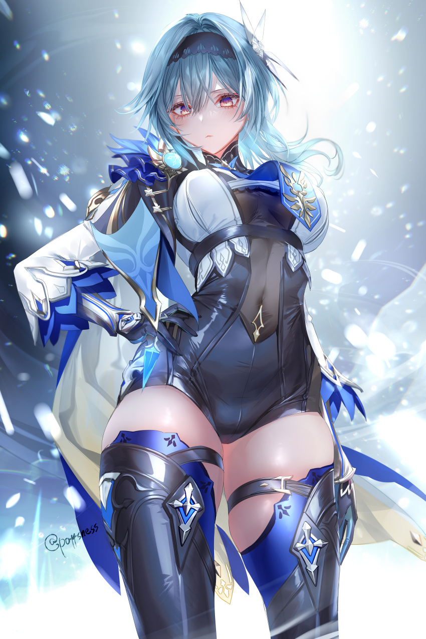 1girl absurdres arm_at_side arm_guards bangs black_gloves black_hairband black_legwear black_leotard blue_hair blue_neckwear breasts closed_mouth commentary_request covered_navel cowboy_shot eula_(genshin_impact) from_below genshin_impact gloves hairband hand_on_hip highres large_breasts leotard light light_particles long_hair long_sleeves looking_at_viewer looking_down necktie pottsness skindentation solo thigh-highs thigh_strap thighs twitter_username underbust violet_eyes vision_(genshin_impact)