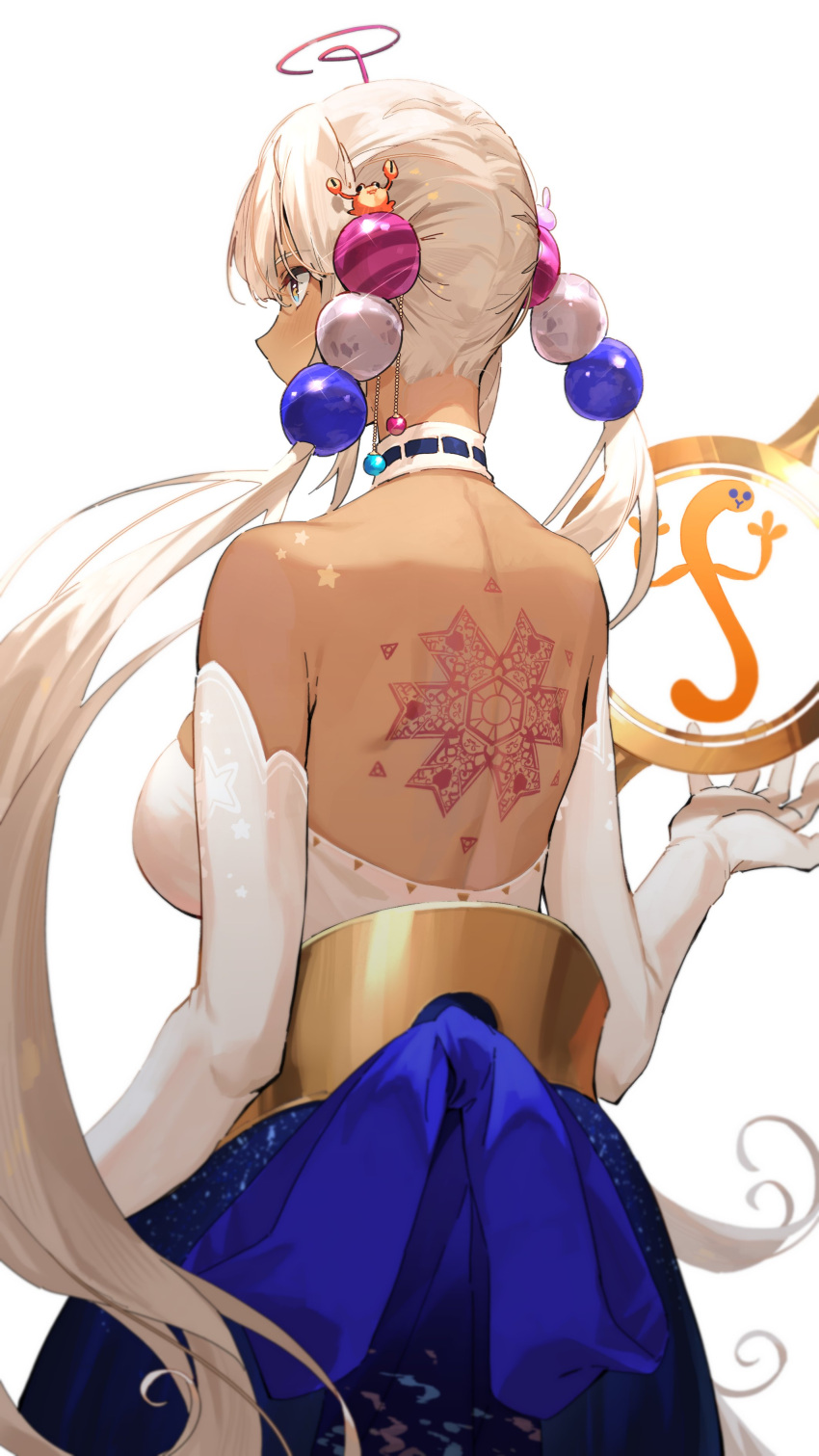 1girl absurdres back back_tattoo blonde_hair choker crab dark_skin elbow_gloves gloves hair_ornament highres holocouncil hololive hololive_english jewelry long_hair low_twintails planet_hair_ornament simple_background solo tattoo tsukino_(nakajimaseiki) tsukumo_sana twintails very_long_hair virtual_youtuber white_background yellow_eyes