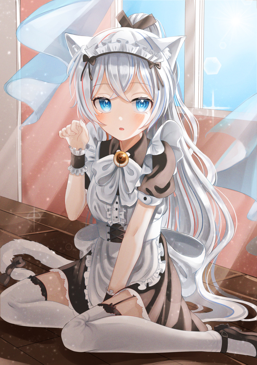 1girl absurdres apron bangs blue_eyes cat_girl cat_tail commentary_request curtains eyebrows_visible_through_hair eyes_visible_through_hair garter_straps hair_between_eyes highres hya_ro long_hair looking_at_viewer maid maid_apron maid_headdress original parted_lips paw_pose ponytail short_sleeves sidelocks sitting solo tail thigh-highs tile_floor tiles wariza white_hair wind window