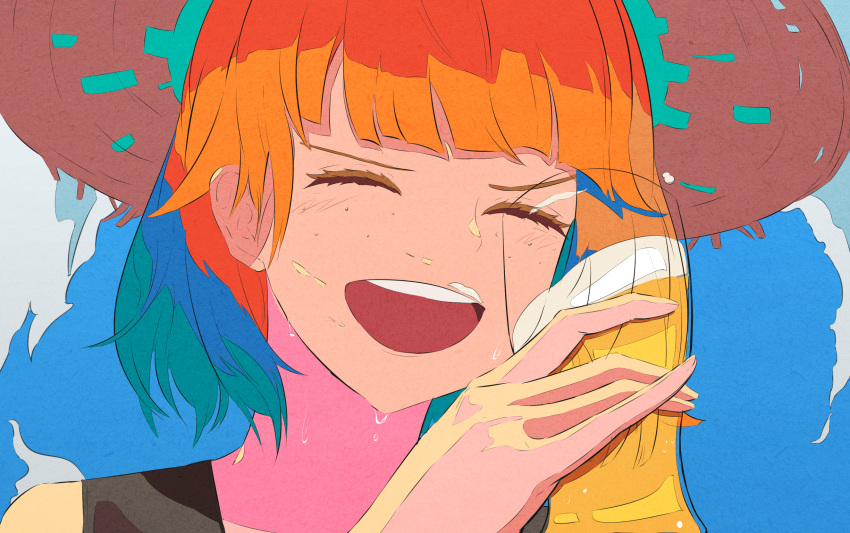 1girl alcohol bangs beer blue_background close-up closed_eyes cup drink freckles glass hat highres holding holding_cup liquid natsugu72 open_mouth orange_hair original pinky_out smile straw_hat summer sweat teeth