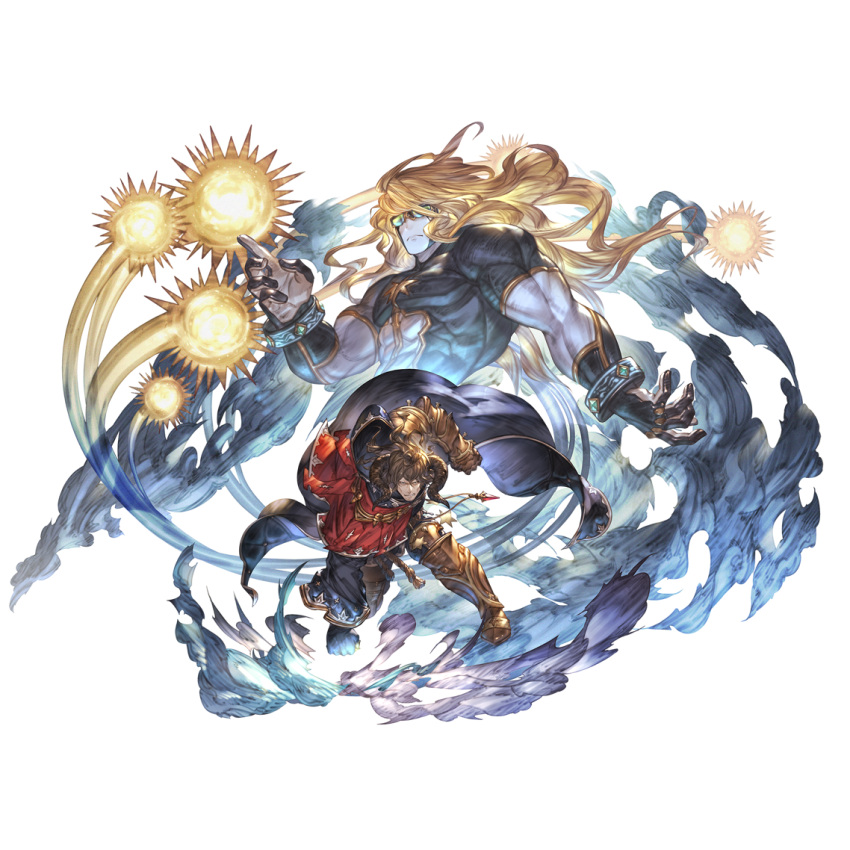 1boy arm_guards armor blonde_hair blue_skin brown_eyes brown_hair cape colored_skin draph facial_hair gauntlets geisenborger gloves goggles_on_eyes granblue_fantasy horns jewelry long_hair long_sleeves looking_at_viewer male_focus necklace official_art pendant rope single_sleeve solo star_(symbol) the_star_(granblue_fantasy) transparent_background