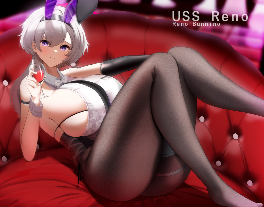 1girl absurdres alcohol animal_ears azur_lane bare_shoulders black_gloves black_hairband black_legwear blush breasts character_name closed_mouth collared_shirt couch cup drinking_glass elbow_gloves fake_animal_ears feet_out_of_frame gloves hairband highres holding holding_cup huge_breasts huge_filesize knees_up long_hair looking_at_viewer lying nicorima no_shoes on_back on_couch pantyhose rabbit_ears reno_(azur_lane) reno_(reno_bunnino)_(azur_lane) shirt sideboob silver_hair single_glove skindentation sleeveless sleeveless_shirt smile solo thighs violet_eyes white_shirt wine wine_glass wrist_cuffs