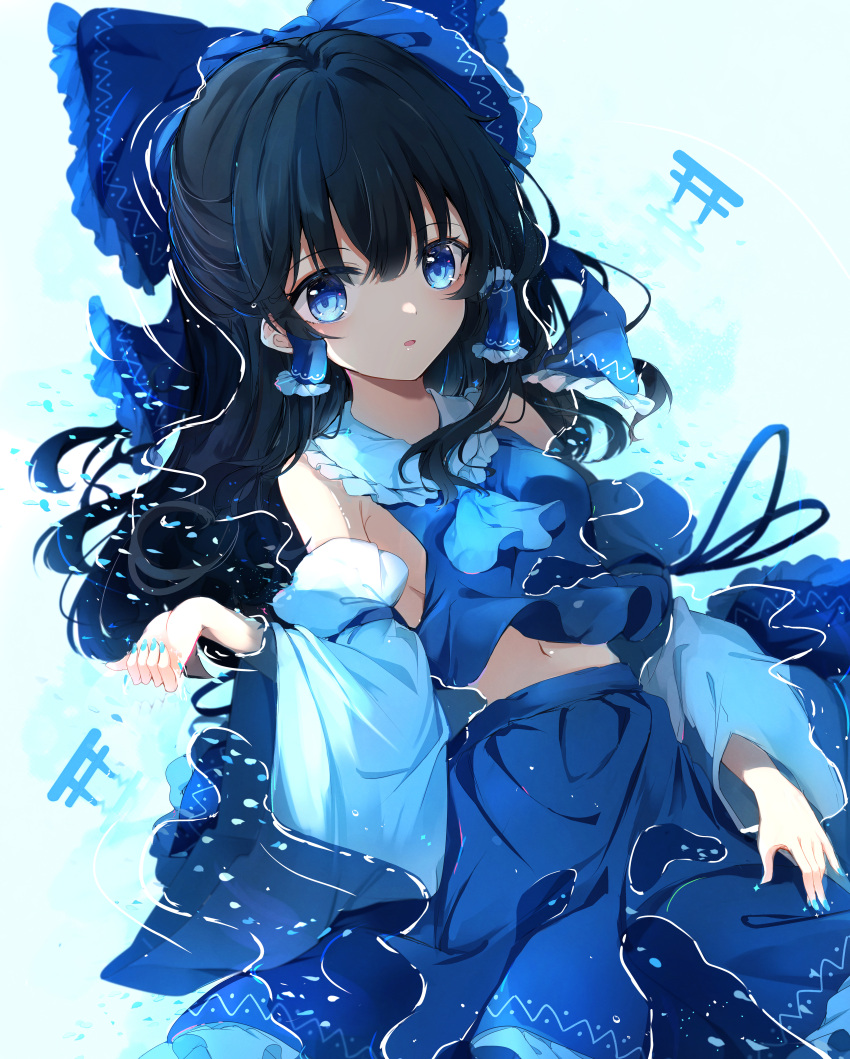 1girl :o absurdres alternate_color arm_up bangs bare_shoulders blue_background blue_bow blue_eyes blue_hair blue_nails blue_neckwear blue_petals blue_shirt blue_skirt blush bow breasts collared_shirt cowboy_shot detached_sleeves frilled_bow frilled_shirt_collar frilled_skirt frills gradient gradient_background hair_between_eyes hair_tubes hakurei_reimu hand_up highres huge_filesize hunya in_water long_hair long_sleeves looking_at_viewer navel open_mouth petals petals_on_liquid shirt sideboob sidelocks skirt solo torii touhou water
