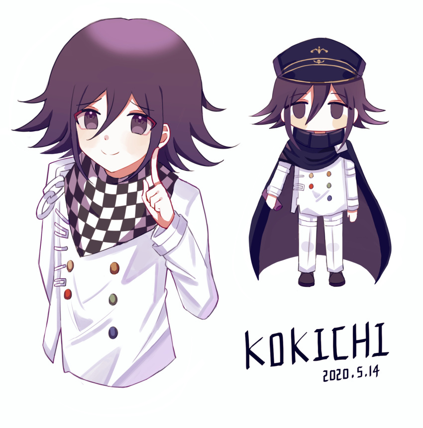 1boy arm_at_side bangs black_eyes black_footwear black_hair black_headwear blush_stickers buttons cape character_name checkered checkered_background checkered_scarf closed_mouth commentary_request cropped_torso dangan_ronpa_(series) dangan_ronpa_v3:_killing_harmony dated double-breasted flipped_hair full_body hair_between_eyes hand_up hat highres index_finger_raised jacket long_sleeves looking_at_viewer male_focus nk_(dzzx8334) ouma_kokichi pants peaked_cap scarf shoes short_hair simple_background smile standing straitjacket white_background white_jacket white_pants