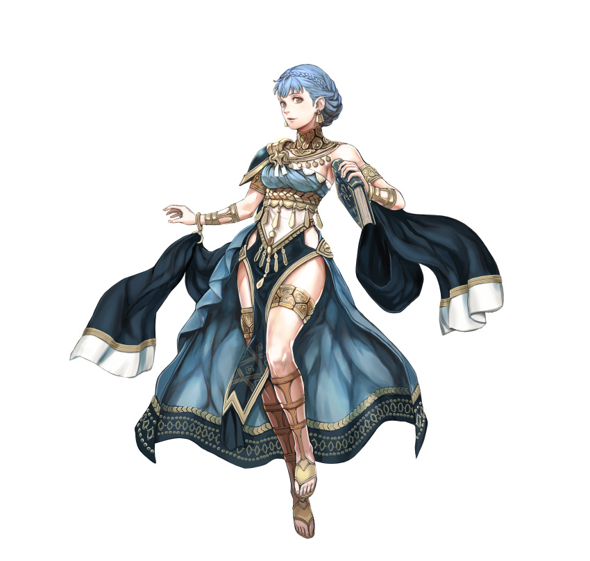 1girl absurdres alternate_costume armlet artist_request bangs bare_shoulders blue_hair book bracelet braid breasts brown_eyes commentary crown_braid dancer dancer_(three_houses) earrings english_commentary fire_emblem fire_emblem:_three_houses fire_emblem_heroes full_body highres holding holding_book jewelry looking_at_viewer marianne_von_edmund medium_breasts parted_lips pelvic_curtain short_hair sideboob simple_background smile solo thighlet thighs white_background